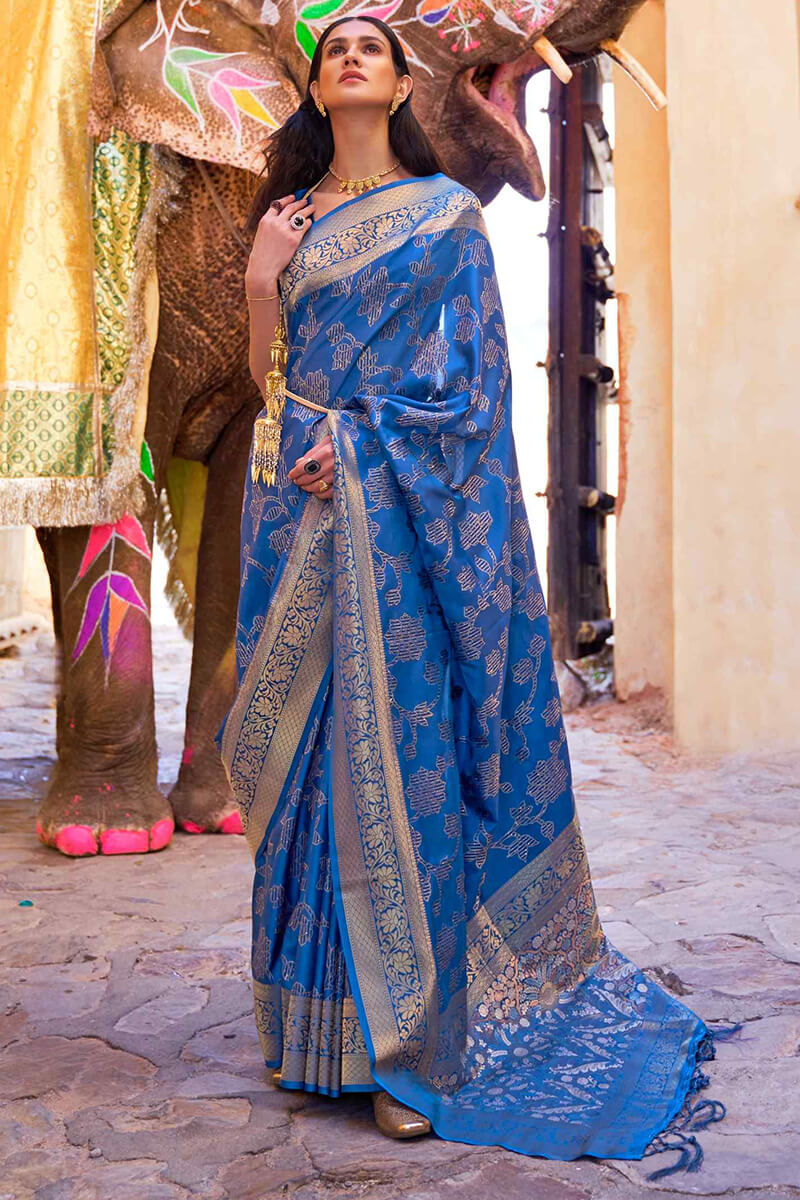 Dusk Blue Banarasi Silk Saree With Sequence Work