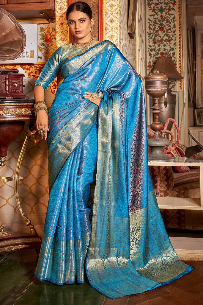 Eastern Blue Zari Woven Kanjivaram Silk Saree