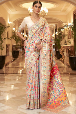 Ecru White Pashmina Silk Saree