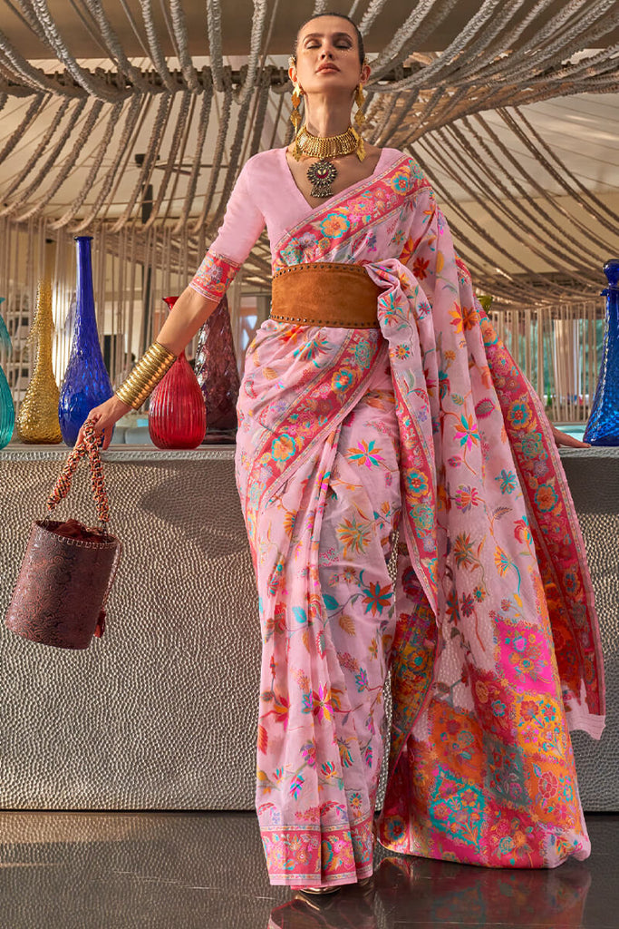 Eunry Pink Kashmiri Modal Pashmina Silk Saree