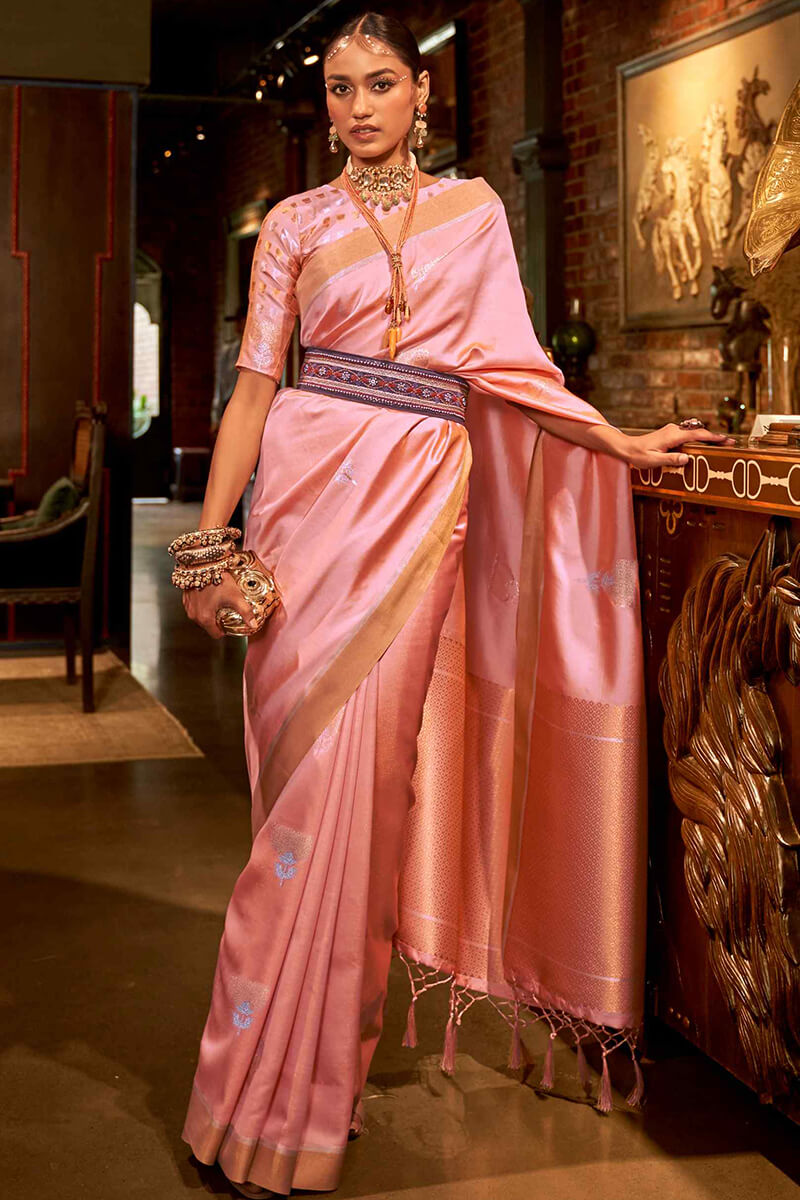Flamingo Pink Copper zari Woven Banarasi Silk Saree