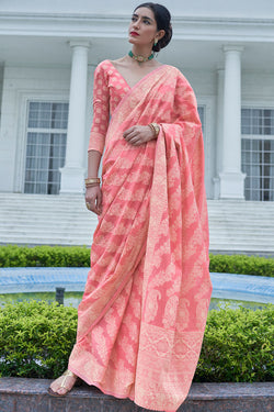 Flamingo Pink Lucknowi Chickankari Silk Saree
