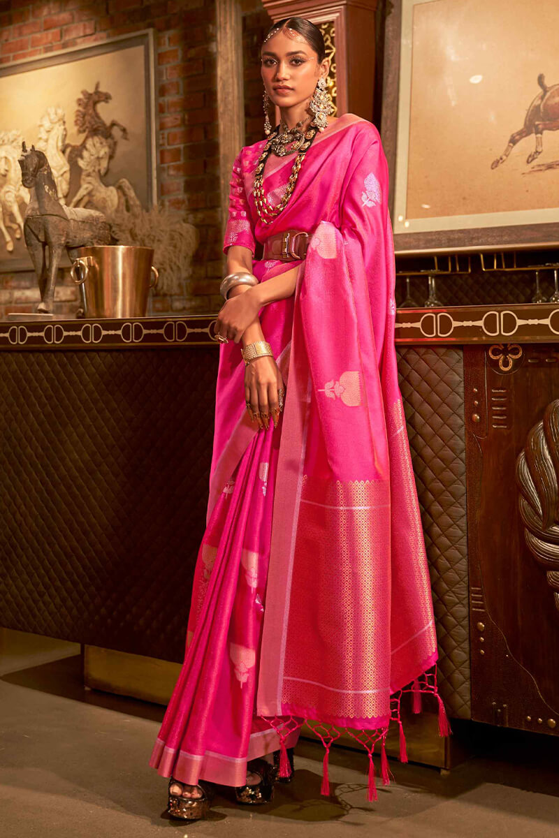 French Pink Copper zari Woven Banarasi Silk Saree