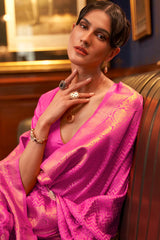 French Rose Pink Zari Woven Satin Silk Saree