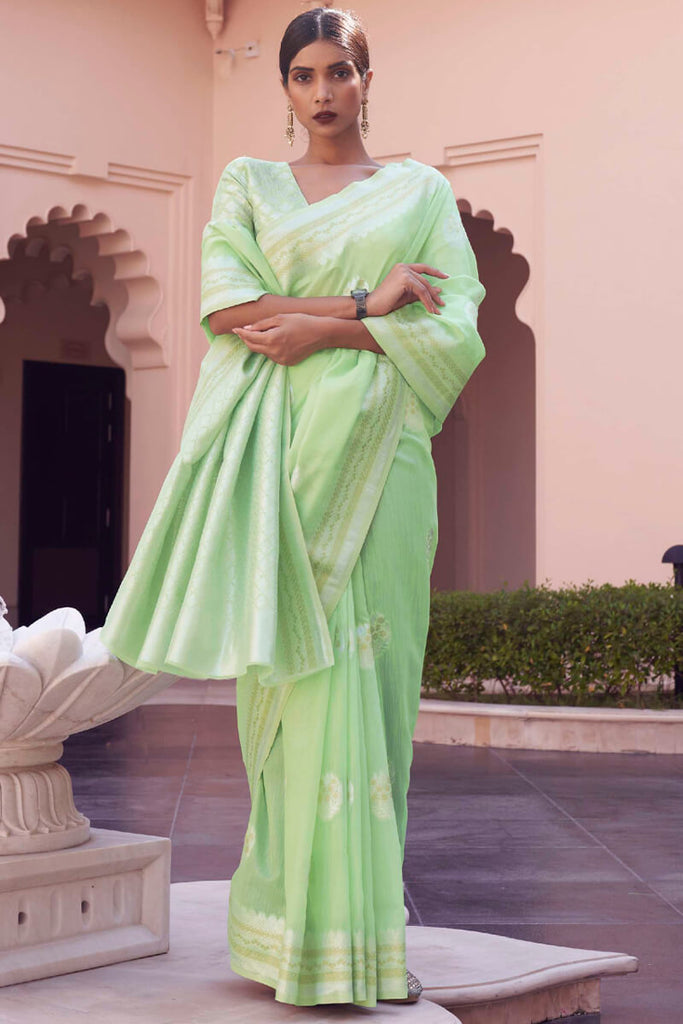 Fringy Green Linen Silk Saree