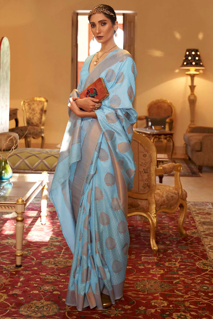 Glacier Blue Copper Zari Weaving Banarasi Silk Saree