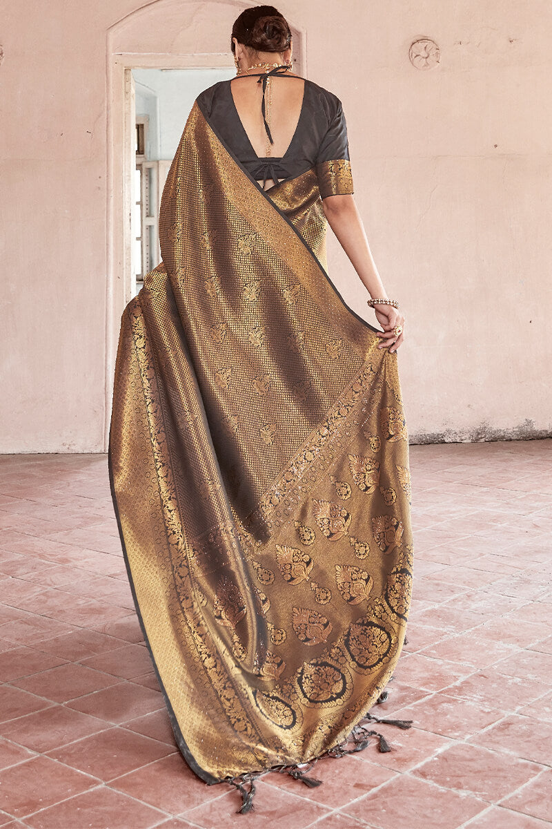 Gold Black Kanjivaram Silk Saree With Swaroski Work