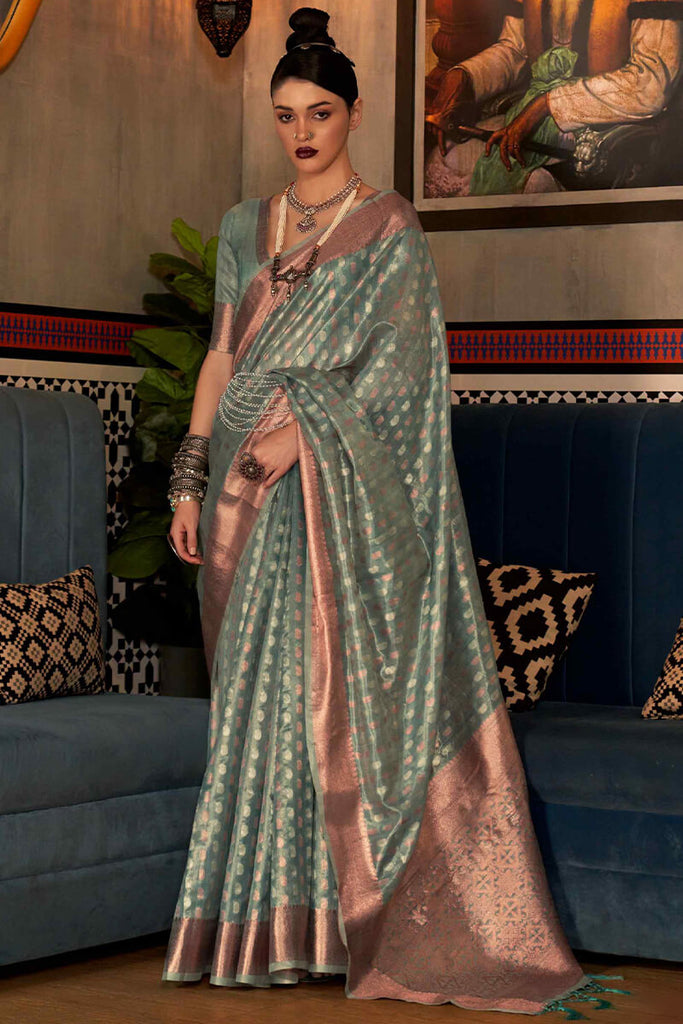 Granite Green Copper Zari Woven Tissue Silk Saree