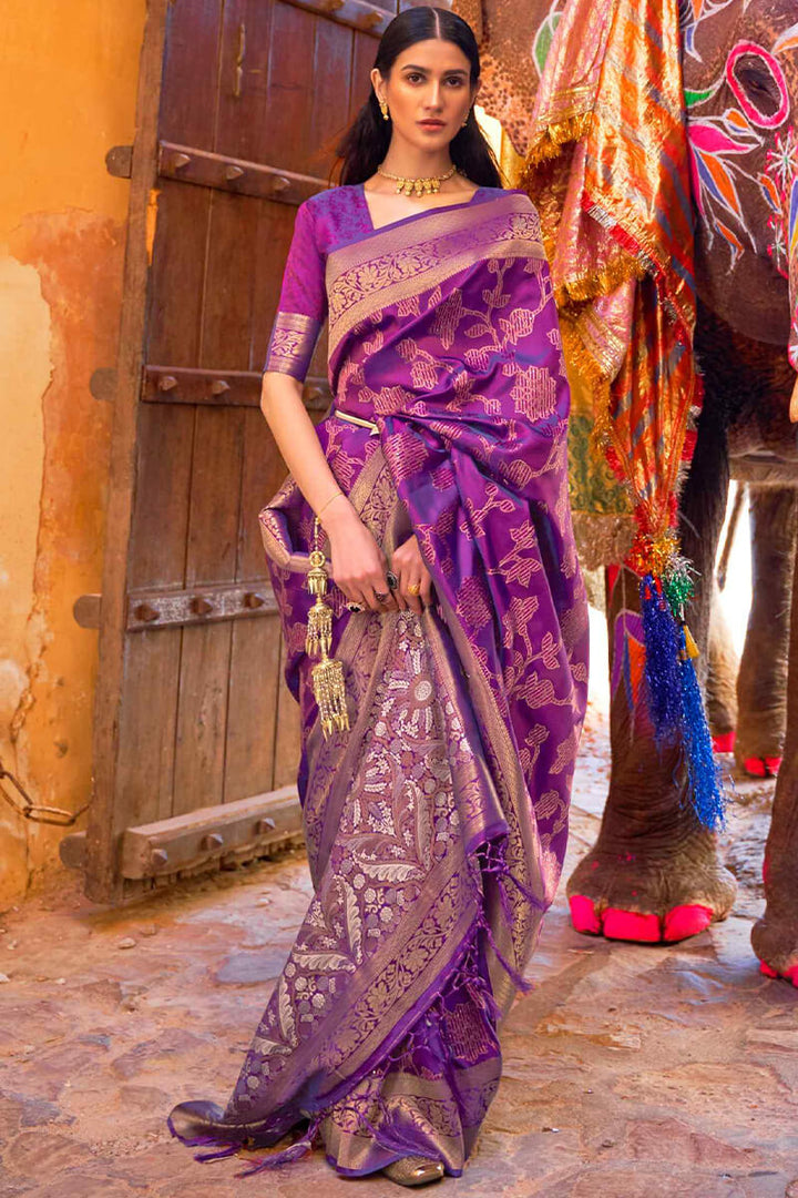 Grape Purple Banarasi Silk Saree With Sequence Work