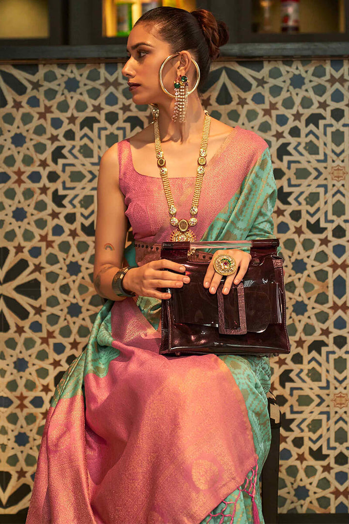 Green and Pink Zari Woven Banarasi Silk Saree