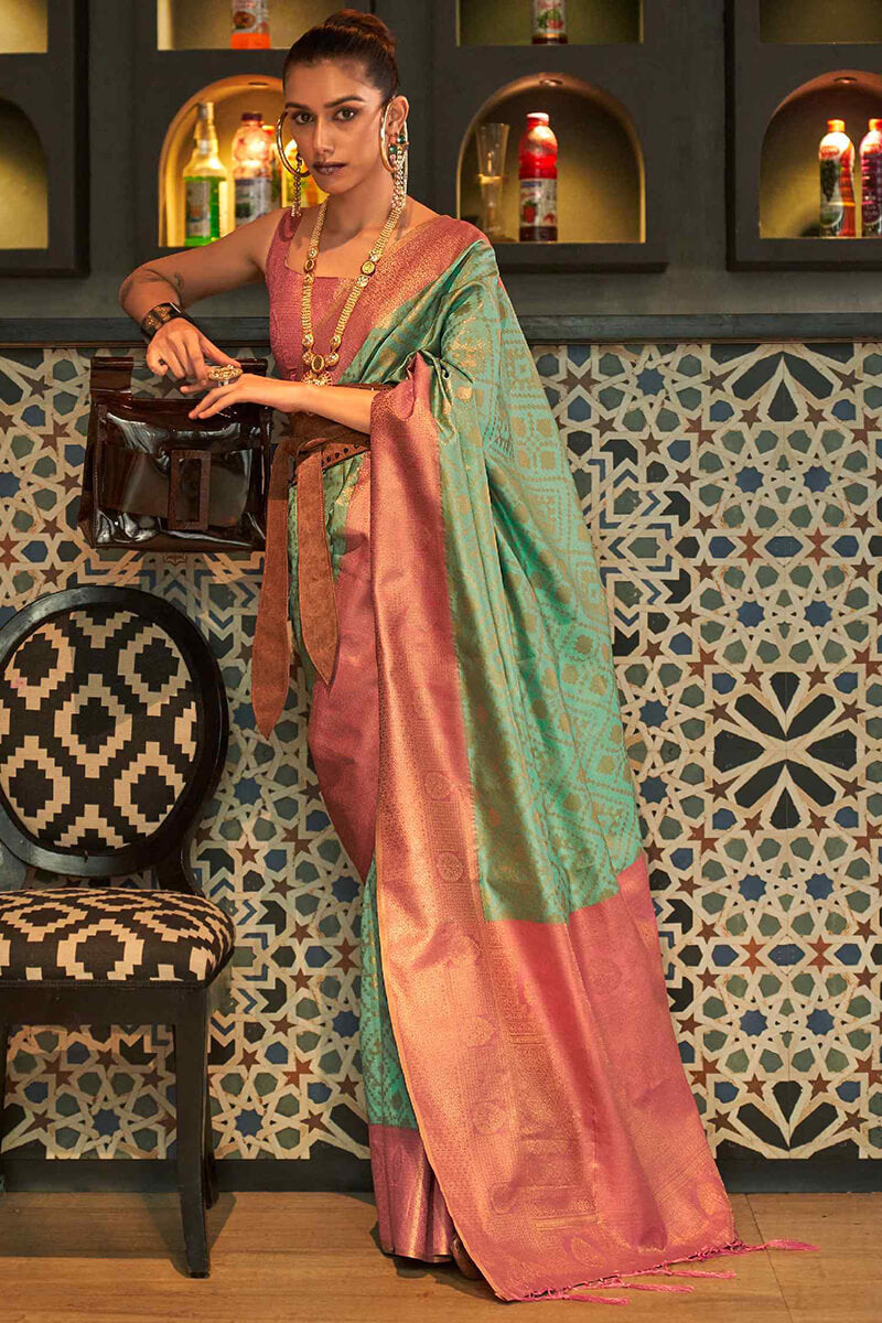 Green and Pink Zari Woven Banarasi Silk Saree