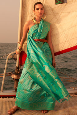 Greenish Turquoise Two Tone Banarasi Satin Silk Saree