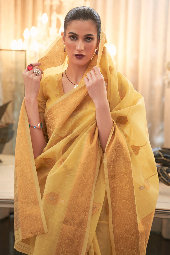 Indian Yellow Zari Woven Linen Silk Saree