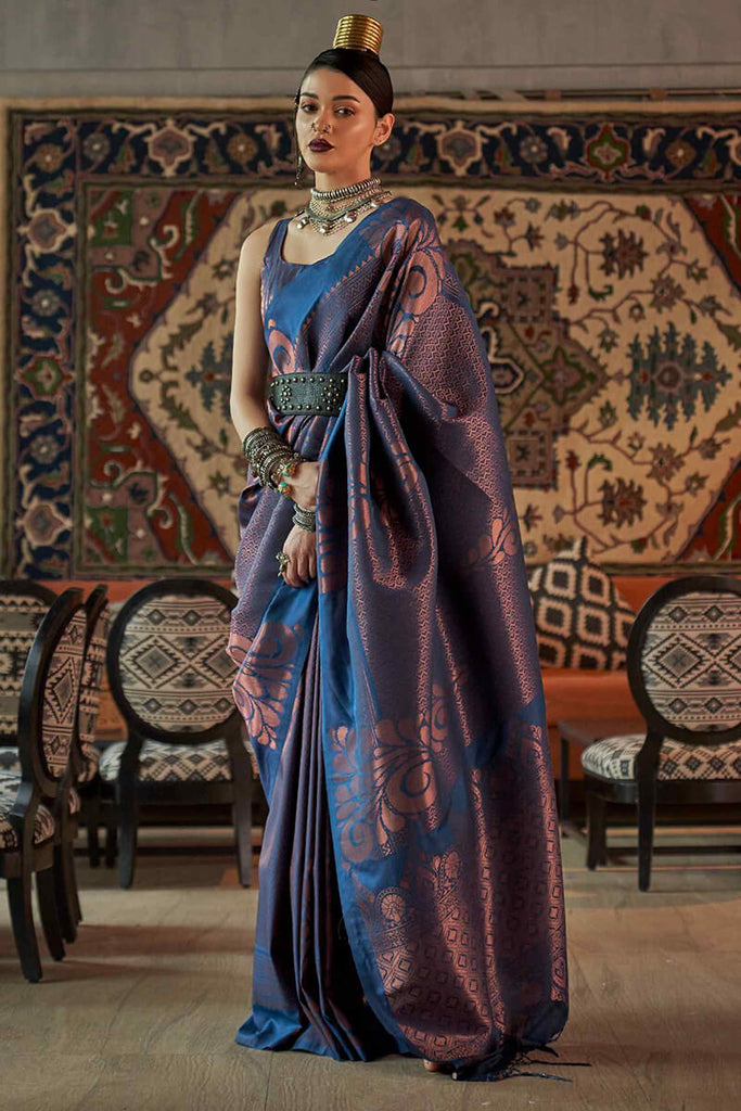Kashmir Blue Copper Zari Woven Kanjivaram Silk Saree