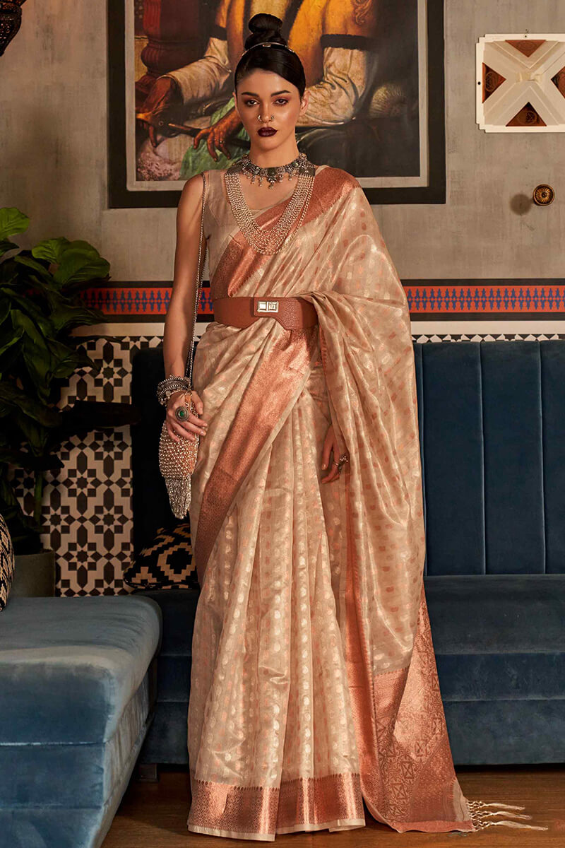 Latte Beige Copper Zari Woven Tissue Silk Saree