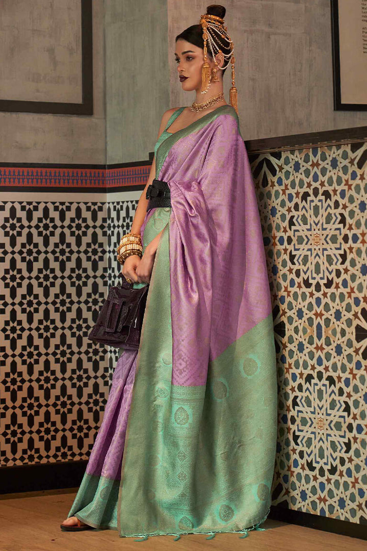 Lavender and Pista Zari Woven Banarasi Silk Saree