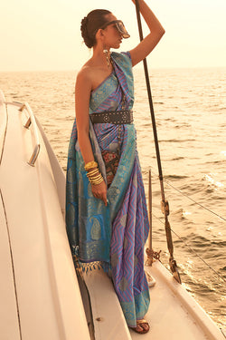 Lavendor and Blue Two Tone Banarasi Satin Silk Saree