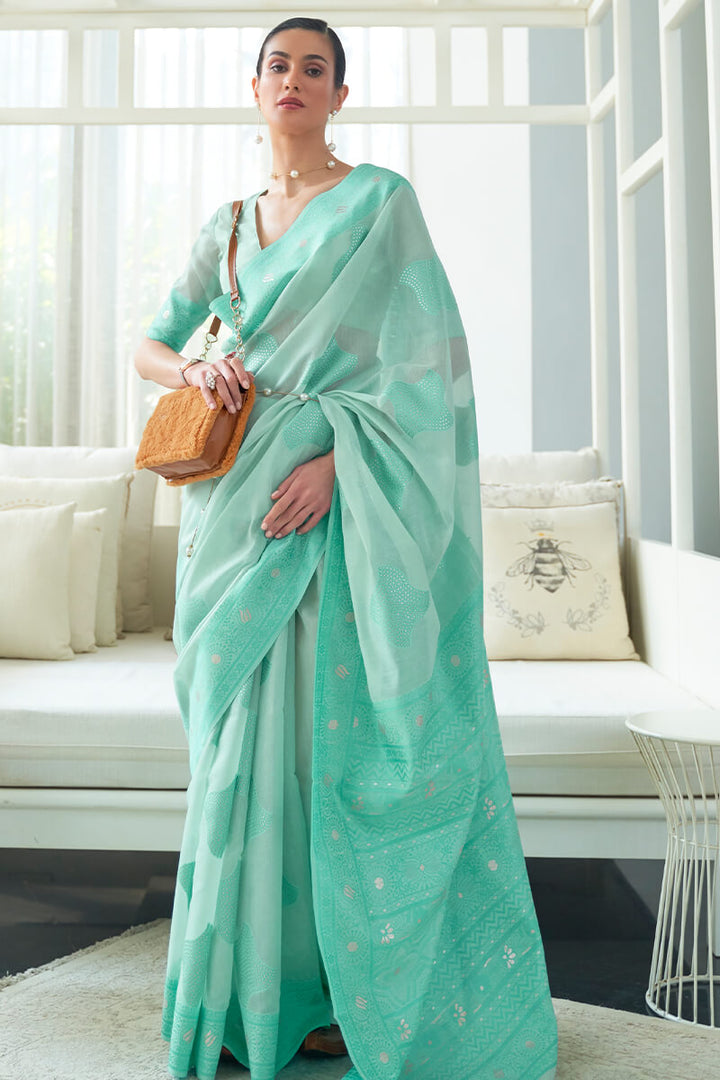 Light Turquoise Lucknowi Chickankari Silk Saree