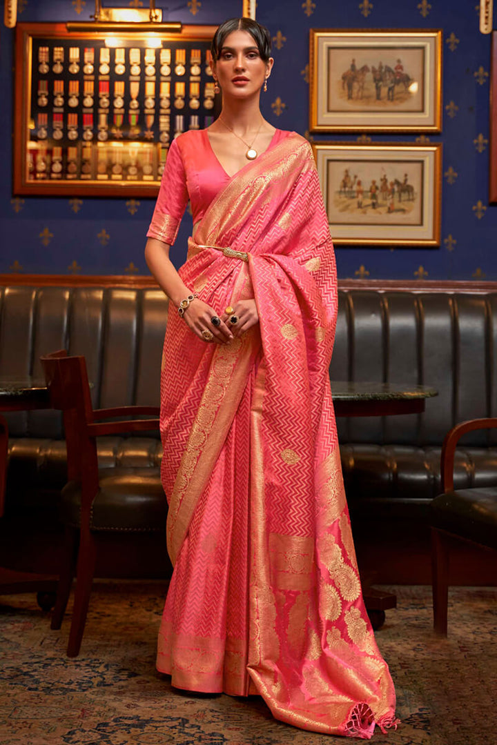 Mauvelous Pink Zari Woven Satin Silk Saree