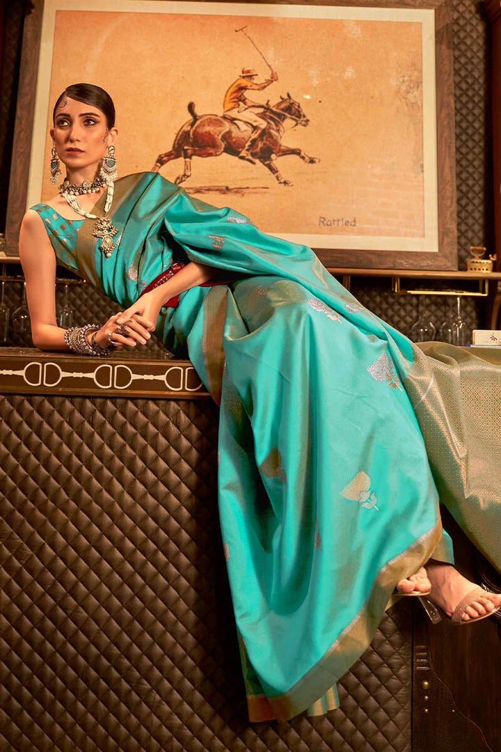 Medium Turquoise Copper zari Woven Banarasi Silk Saree