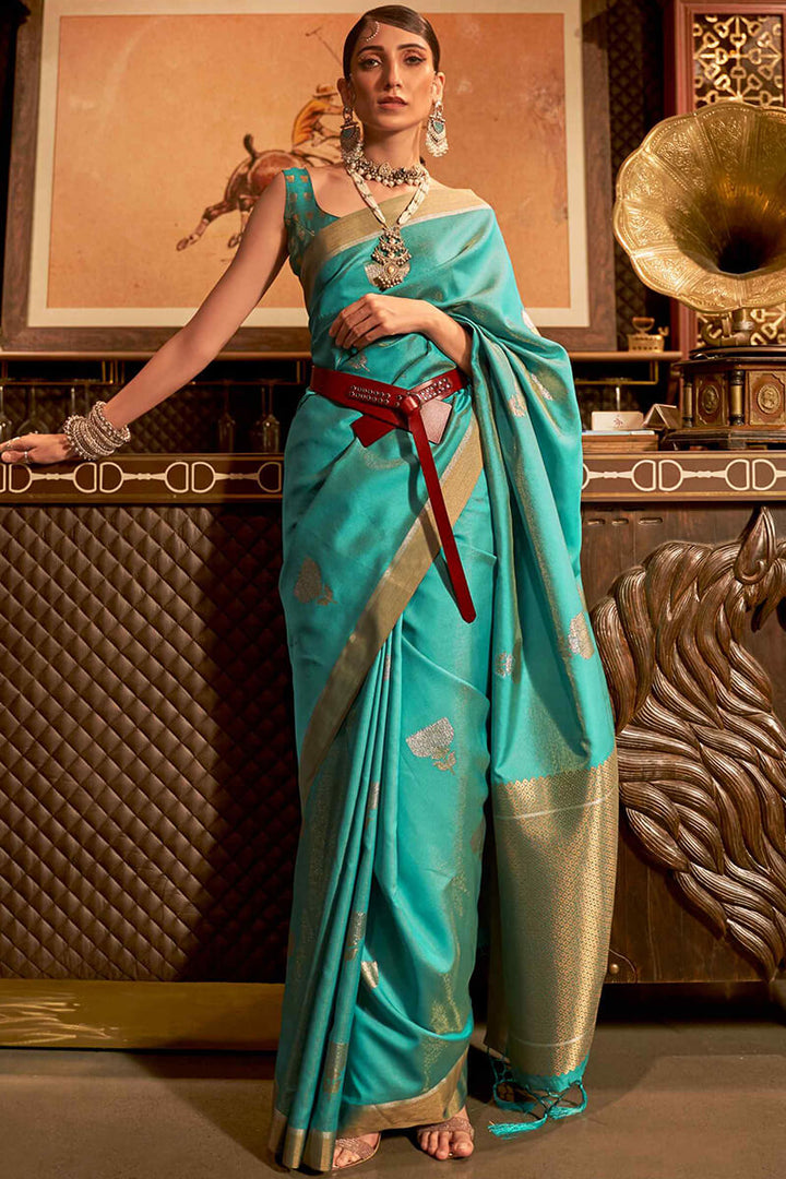 Medium Turquoise Copper zari Woven Banarasi Silk Saree