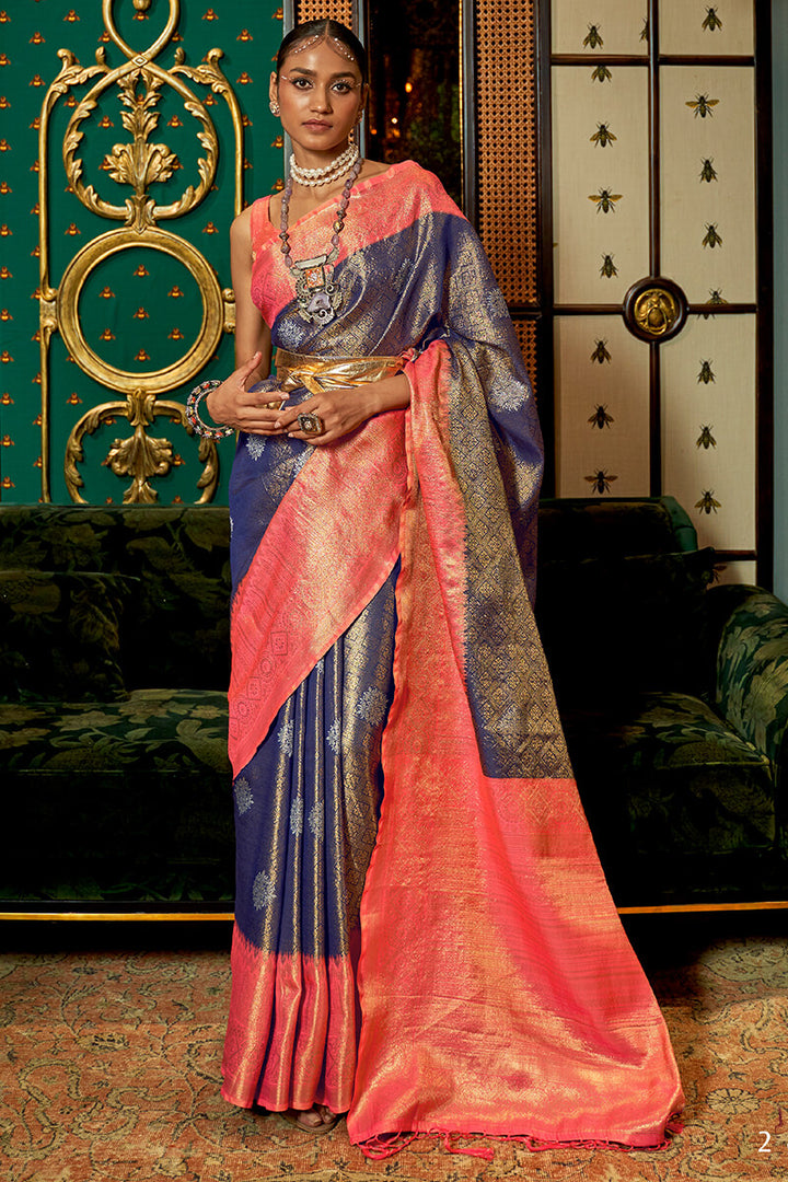 Midnight Blue And Pink Kanjivaram Silk Saree