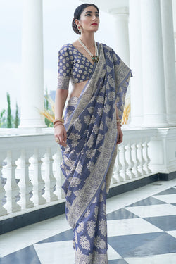 Mist Blue Lucknowi Chickankari Silk Saree