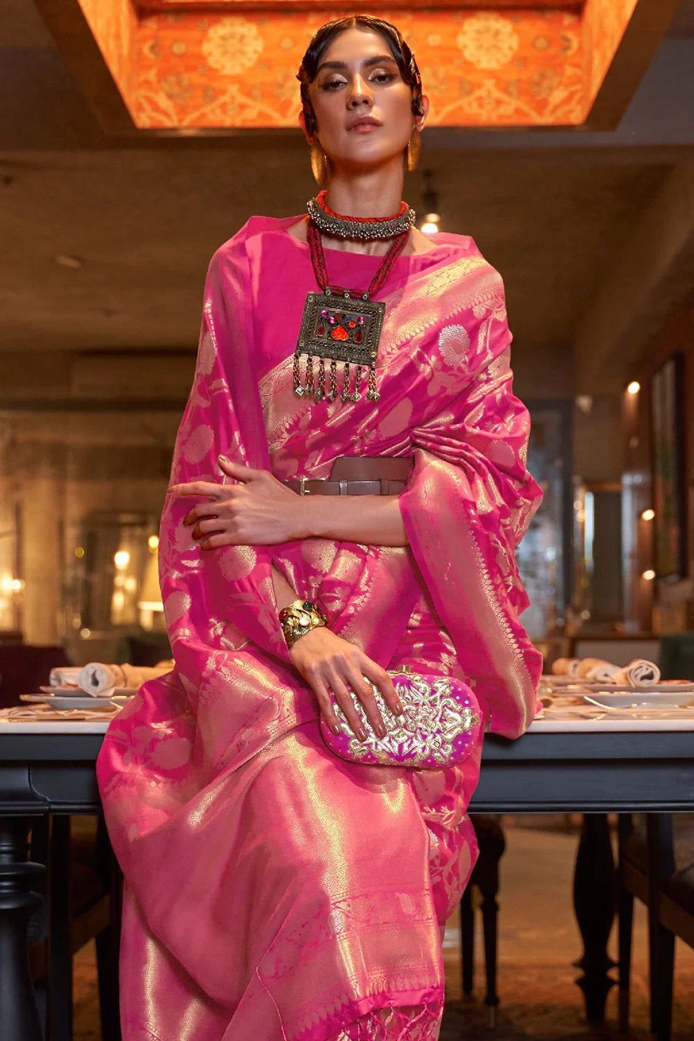 Monarch Pink Zari Woven Banarasi Silk Saree
