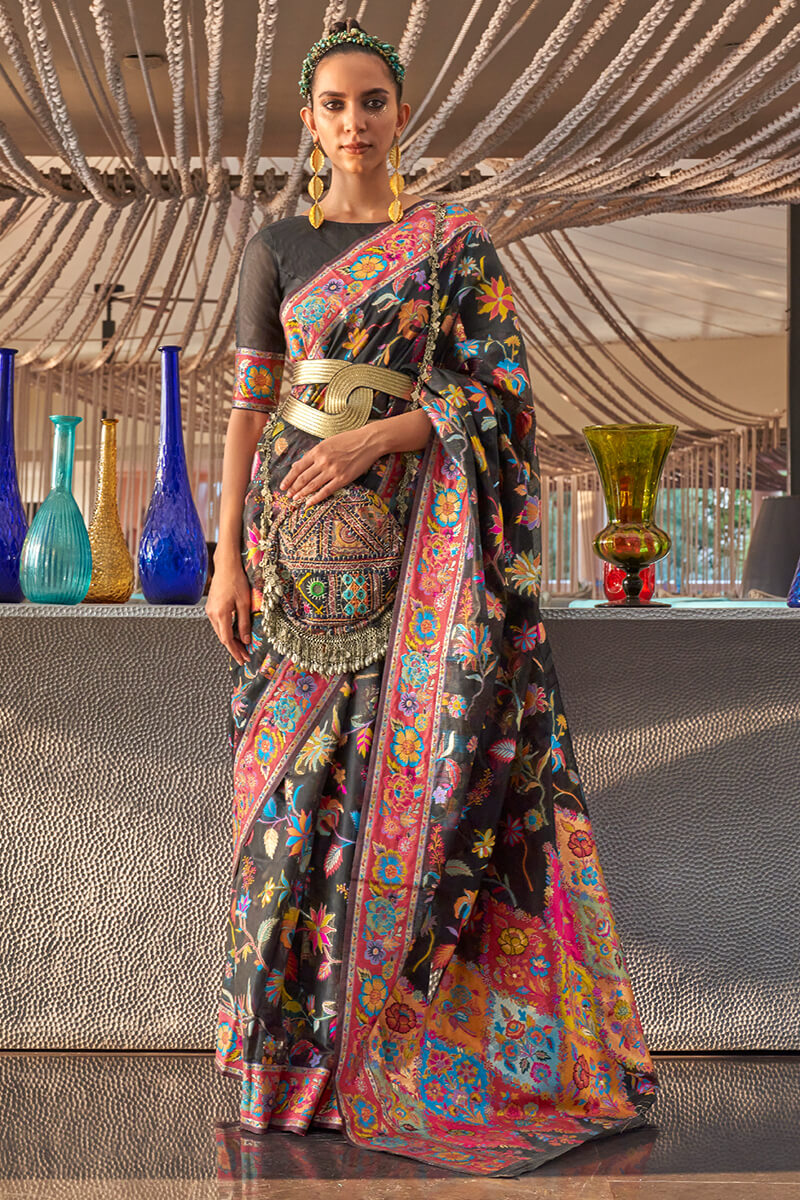 Mondo Black Kashmiri Modal Pashmina Silk Saree