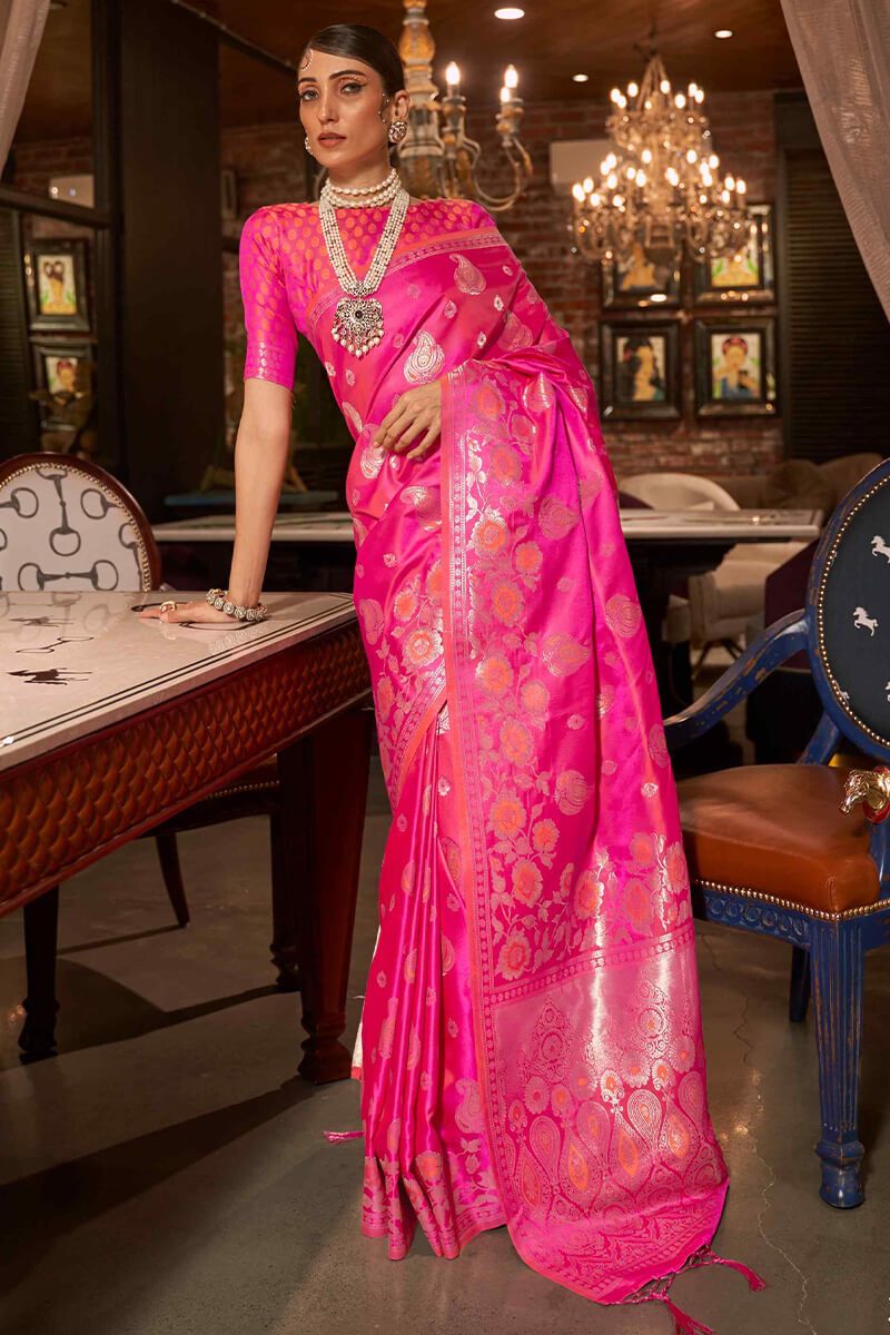 Neon Pink Zari Woven Satin Silk Saree