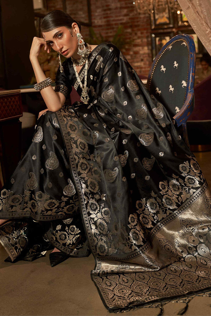 Night Black Zari Woven Satin Silk Saree