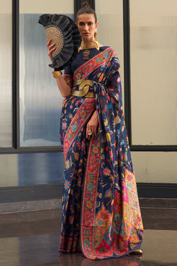 Nile Blue Kashmiri Modal Pashmina Silk Saree