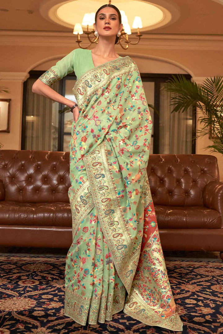 Olive Green Pashmina Silk Saree