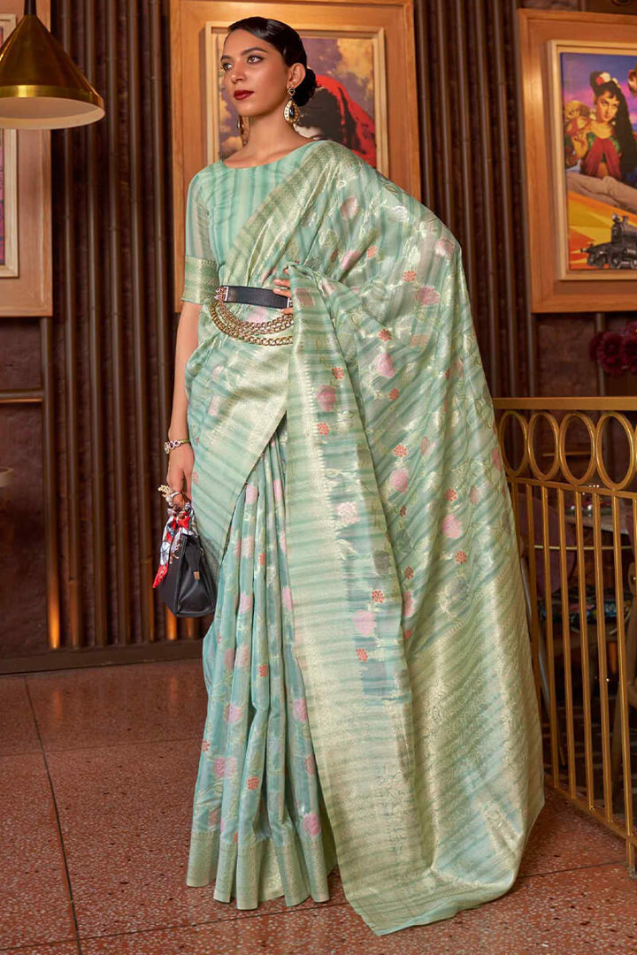 Pale Teal Green Linen Silk Saree