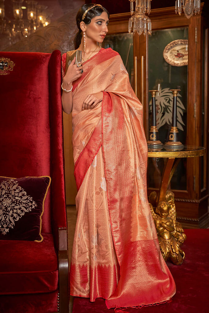 Peach and Red Kanjivaram Silk Saree – Armima