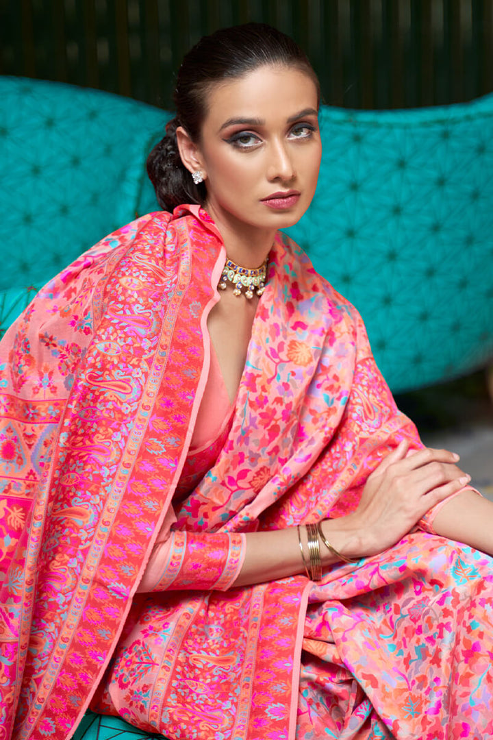 Peachy Pink Kashmiri Modal Pashmina Silk Saree