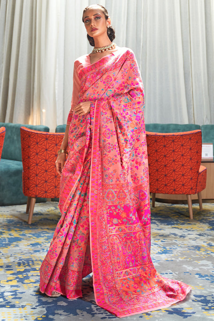 Peachy Pink Kashmiri Modal Pashmina Silk Saree