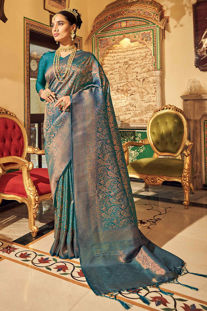 Silk Cotton Embroidered Peacock Blue Saree 12 – Kumaran Silks