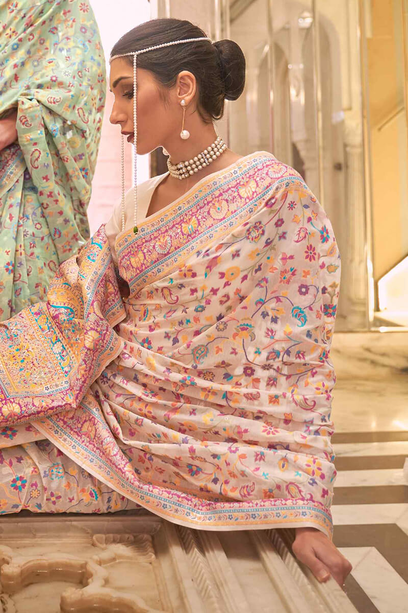 Pearl Beige Kashmiri Modal Pashmina silk saree