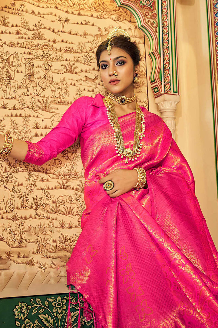 Peoney Pink Woven Kanjivaram Silk Saree