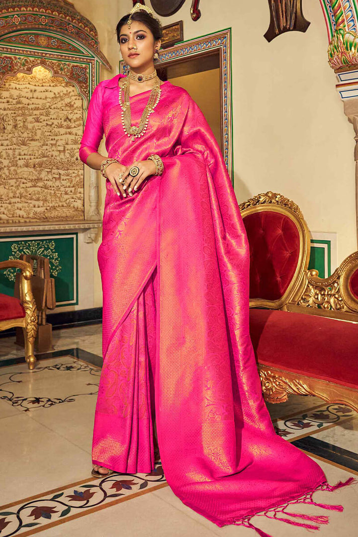Peoney Pink Woven Kanjivaram Silk Saree