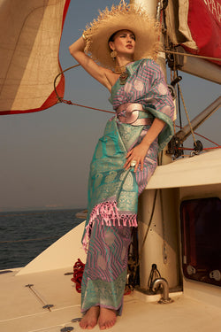 Pink and Green Two Tone Banarasi Satin Silk Saree