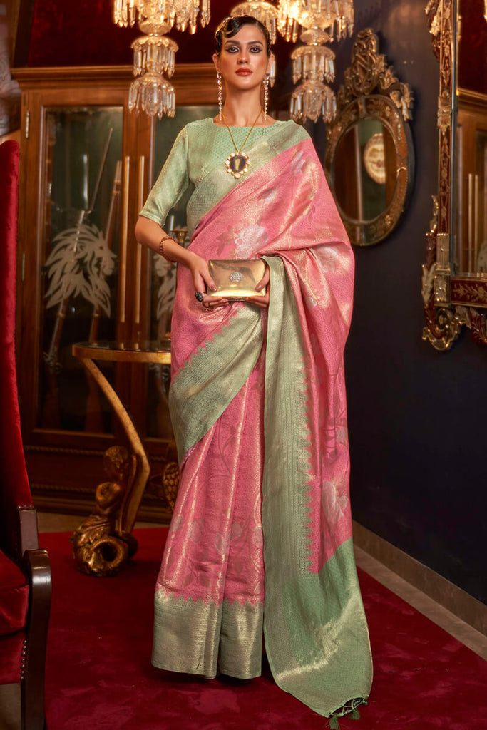Pink and Pista Kanjivaram Silk Saree
