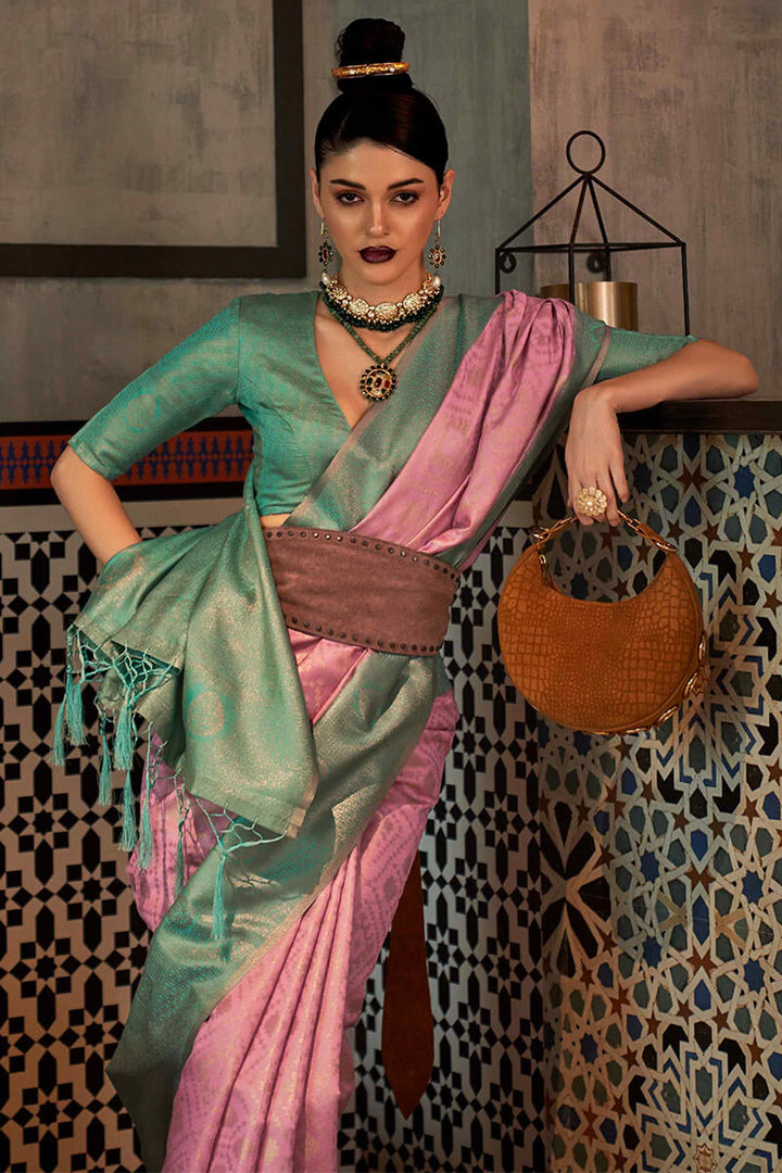 Pink and Pista Zari Woven Banarasi Silk Saree