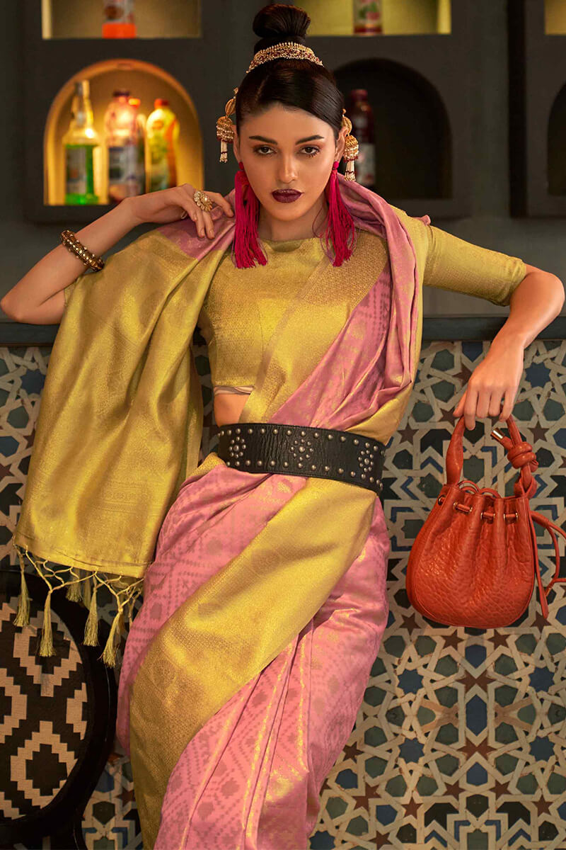 Pink and Yellow Zari Woven Banarasi Silk Saree