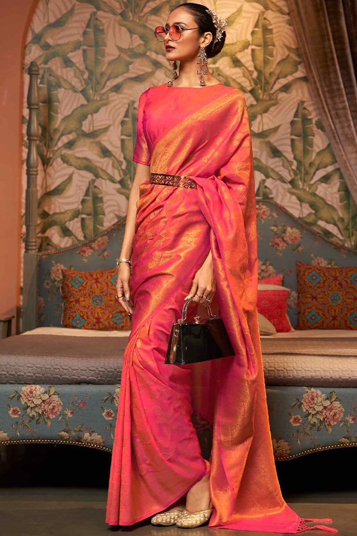 Pinkish Peach Kanjivaram Silk Saree