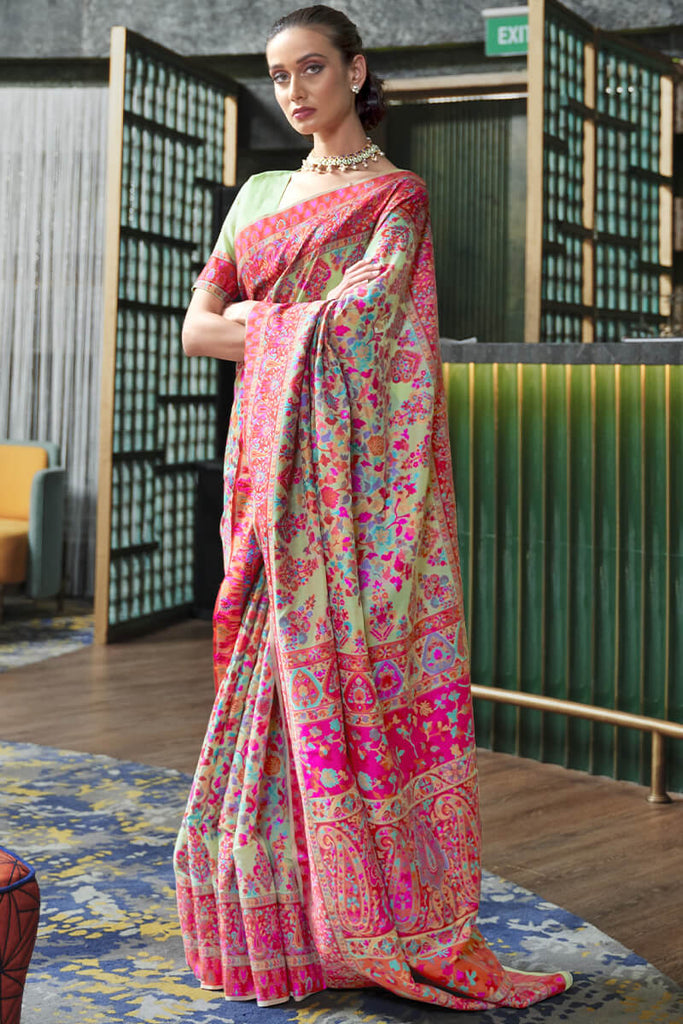 Pista Green Kashmiri Modal Pashmina Silk Saree