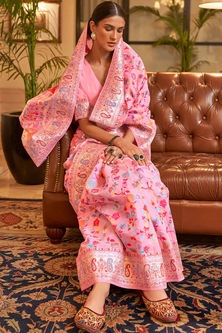 Powder Pink Pashmina Silk Saree
