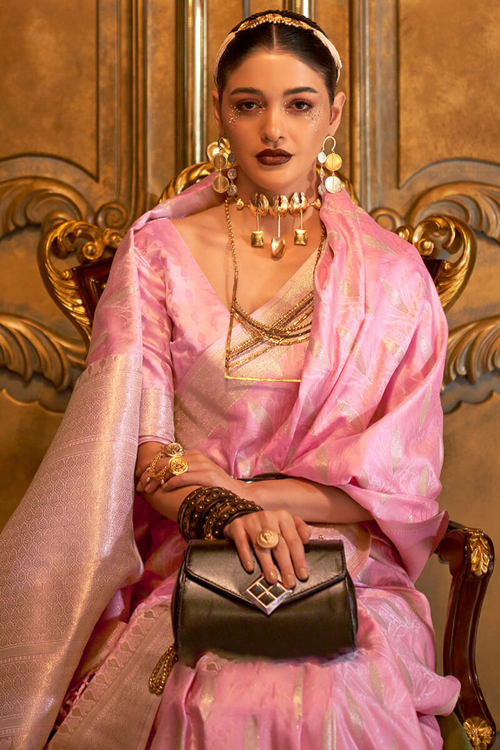 Powder Pink Satin Banarsi Silk Saree