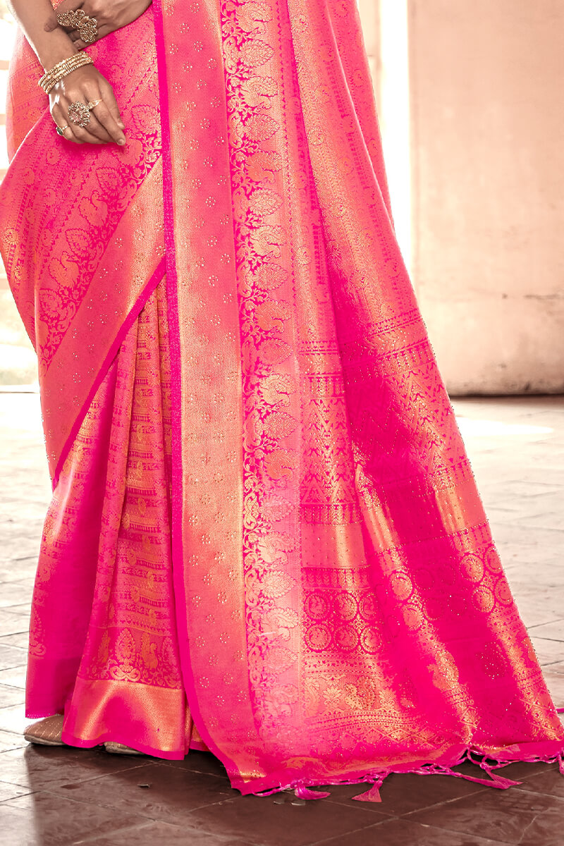 Raspberry Pink Kanjivaram Silk Saree With Swaroski Work